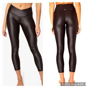 WE WORE WHAT Women's Black High Waist SPLICE SHINE Leggings Logo Shiny Size XL